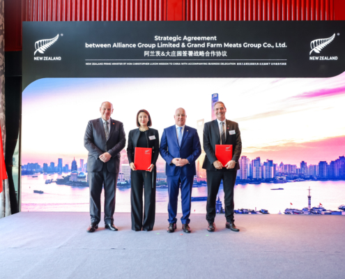 From left NZ Ambassador to China Jonathan Austin Jiaojiao Chen of Grand Farm Prime Minister Christopher Luxon and Willie Wiese